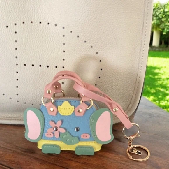 Elephant Key Ring Bag Decoration Leather Zip Coin purse With Crossbody Chain